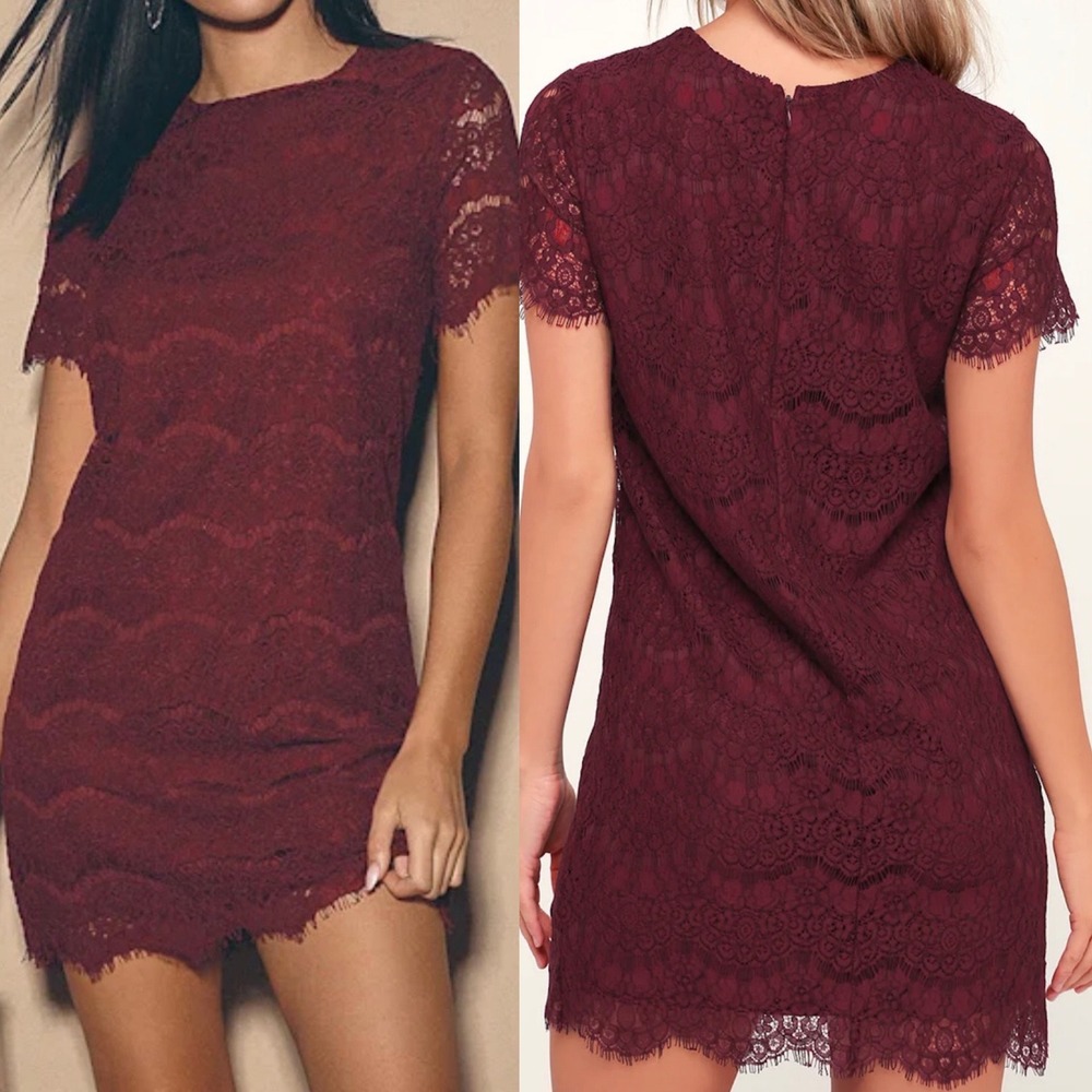 NWT Lulus Size XL Take Me to Brunch Burgundy Red Lace Shift Dress Short Sleeve